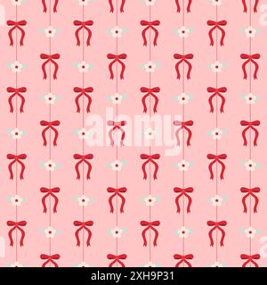 Niedliches nahtloses Muster mit roten Schleifen und kleinen Blumen. Stock Vektor