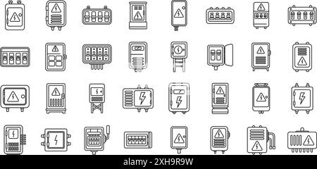Symbole für die elektrische Schalttafel eingestellt. Großer Satz einfacher Schaltschranksymbole mit verschiedenen Designs und Warnschildern, ideal für Elektriker und Sicherheitspräsentationen Stock Vektor