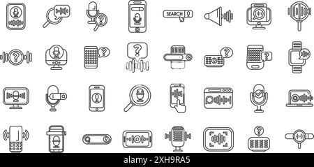 Symbole für die Sprachsuche festgelegt. Spracherkennungssymbole, Zeilensymbole für Sprachsteuerung, Sammlung linearer Symbole für Sprachassistenten Stock Vektor