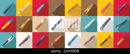 Pinzetten-Symbole eingestellt. Satz von Pinzetten-Symbolen in flacher Ausführung mit langem Schatten, mit einer Vielzahl von Pinzetten-Designs für verschiedene Anwendungen Stock Vektor