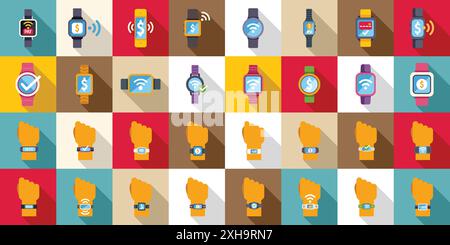 Zahlung mit Smartwatch-Symbolen. Smart-Watch-Symbole mit verschiedenen Funktionen, z. B. Uhrzeit, Zahlung, wlan und Fitness-Tracking Stock Vektor