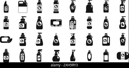 Symbole für umweltfreundliche Reinigungsprodukte gesetzt. Set aus umweltfreundlichen Reinigungsmittelflaschen, perfekt zur Förderung nachhaltiger und sicherer Reinigungspraktiken Stock Vektor
