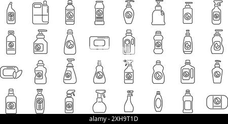 Symbole für umweltfreundliche Reinigungsprodukte gesetzt. Satz von Strichsymbolen mit einer Vielzahl von umweltfreundlichen Reinigungsmittelbehältern, die natürliche und nachhaltige Praktiken hervorheben Stock Vektor