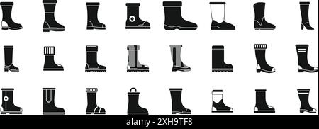 Boot-Symbole festgelegt. Es werden verschiedene Stile von Gummistiefeln vorgestellt, die ihre Verwendung in verschiedenen Berufen und Outdoor-Aktivitäten hervorheben Stock Vektor