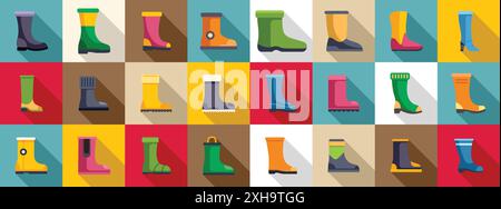 Boot-Symbole festgelegt. Kollektion aus farbenfrohen Gummistiefeln und wasserdichten Stiefeln mit verschiedenen Schutzarten, perfekt für die Illustration von Gartenarbeiten oder Arbeiten im Freien Stock Vektor