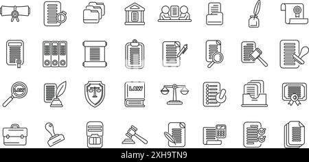 Symbole für Notar-Dienste festgelegt. Verschiedene Symbole, die Rechtskonzepte darstellen, einschließlich Verträge, Gerichte und Rechtsdokumente, die die Arbeit von Anwaltskanzleien bei der Bereitstellung von Rechtsberatung symbolisieren Stock Vektor