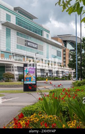 Blick auf das Westquay Einkaufszentrum mit Blumen im Vordergrund, Southampton Stadtzentrum, Hampshire, England, Großbritannien Stockfoto