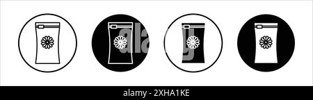 Gefrorene Lebensmittelbeutel Icon Vektorsymbol oder Schild Set Kollektion in schwarz-weiß Umrisse Stock Vektor