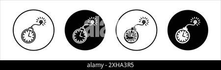 Zeitbombe mit Uhrensymbol Vektorsymbol oder Zeichensatzsammlung in Schwarzweiß-Kontur Stock Vektor