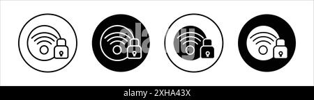 WLAN-Sicherheitssymbol Vektorsymbol oder Zeichensatzsammlung in Schwarzweiß-Umrandung Stock Vektor