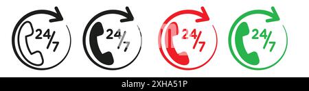 24 7 Symbol für Notrufdienste Vektorsymbol oder Zeichensatz in Schwarzweiß-Umrandung Stock Vektor