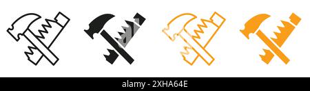 Handsäge und Hammer Symbol Vector Symbol oder Schild Set Kollektion in schwarz-weiß Umriss Stock Vektor