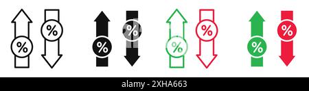 Pfeilsymbol „hoch“ und „Niedrig Prozent“ Vektorsymbol oder Zeichensatz-Sammlung in Schwarzweiß-Umrandung Stock Vektor