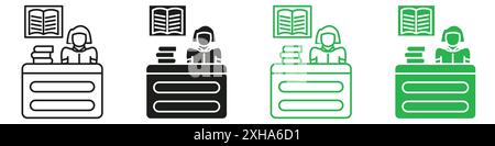 Bibliothekarsymbol Vektorsymbol oder Zeichensatzsammlung in Schwarzweiß-Umrandung Stock Vektor