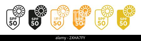 UV SPF 50 Protect Symbol Vektorsymbol oder Zeichensatz Kollektion in schwarz-weißer Umrandung Stock Vektor