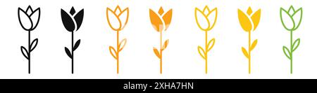 Tulpensymbol Vektorsymbol oder Zeichensatzsammlung in Schwarz-weiß-Umrandung Stock Vektor