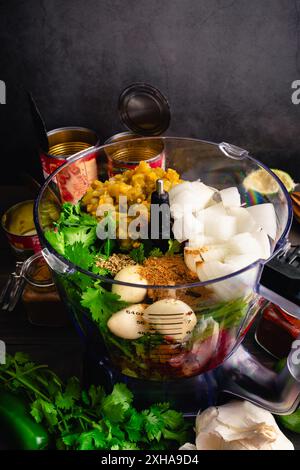 Salsa-Zutaten in einer Küchenmaschine vor dem Mixen: Gehackte Zwiebeln, Knoblauchzehen und Koriander mit grünen Chilis aus der Dose, Tomaten und Gewürzen Stockfoto