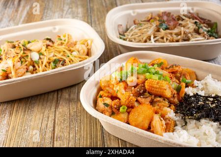 Ein Blick auf mehrere Papierschalen mit asiatischen Nudelgerichten. Stockfoto