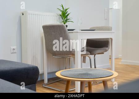 Couch in einer Wohnung, airbnb. Blick auf saubere weiße Wände, Couchtisch und einen Esstisch mit Pflanzen auf der Oberseite und Stühlen Stockfoto