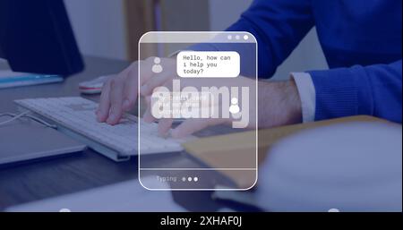 Interaktion mit KI-Chatbot für den Kundensupport, Person, die auf der Tastatur eingegeben wird Stockfoto