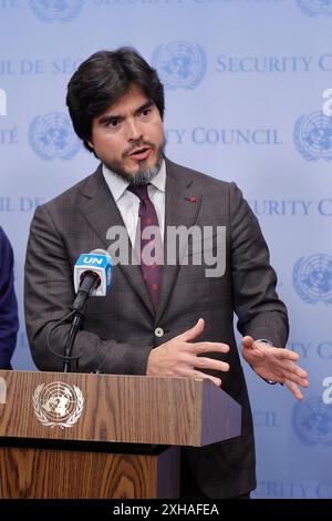 Vereinte Nationen, New York, USA, 12. Juli 2024 – Pressekonferenz von US-Botschafterin Linda Thomas-Greenfield und Botschafter Jose Javier de la Gasca Stockfoto