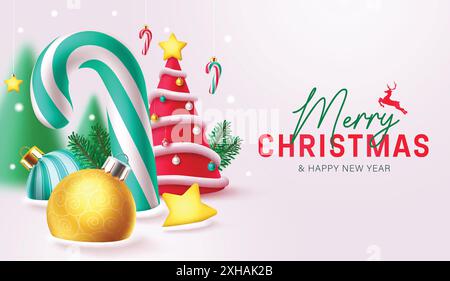 Frohe weihnachten Grüße Vektor Banner Design. Weihnachtsgrüßtext mit Zuckerrohr, rotem weihnachtsbaum, Weihnachtslichtern, Kugeln, Fichte und Aufhängen Stock Vektor