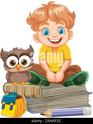 Glücklicher Junge, der mit Eule auf Büchern sitzt Stock Vektor