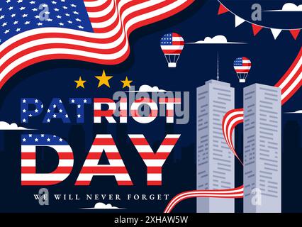 Happy USA Patriot Day Vektor Illustration mit der United States Flag, 9/11 Memorial, und Wir werden nie vergessen Hintergrund in Flat Cartoon Style Stock Vektor