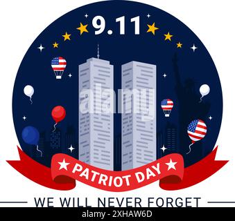 Happy USA Patriot Day Vektor Illustration mit der United States Flag, 9/11 Memorial, und Wir werden nie vergessen Hintergrund in Flat Cartoon Style Stock Vektor