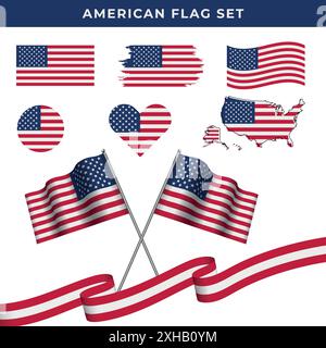 Sammlung der Nationalflagge der Vereinigten Staaten von Amerika mit Karte. Gestört, Herzform, 3D gewellter USA-Flaggenvektor mit Band Stock Vektor