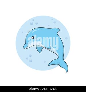 Netter Baby-Delfin mit kleinen Blasen herum auf blauem Kreis Hintergrund Vektor-Illustration. Blauer Cartoon-Charakter aus der Unterwasserwelt. Unterwasserleben. Stock Vektor