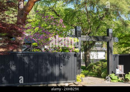 Ein Spaziergang durch die Samurai Street in Kakunodate: Erleben Sie die lebendige Geschichte und die ruhige Schönheit eines hellen, sonnigen Frühlingstages inmitten von Kirschblüten und Stockfoto