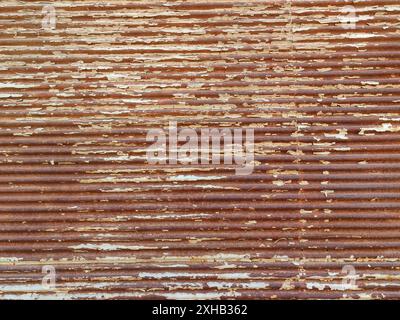 Geschlossene Metalltür mit abziehbarer brauner Farbe. Teil der Arbeitsfläche. Stockfoto