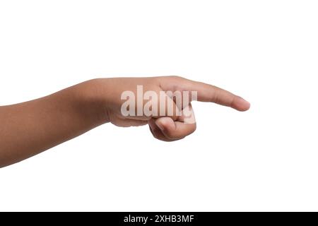 Kinderhand zeigt auf der Seite isoliert auf weißem Hintergrund. Kopierbereich Stockfoto