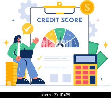 Kredit-Score Vektor-Illustration mit Leihpfeil Gauge Tachometer-Anzeige zeigt Bewertungen von schlecht zu gut in einem flachen Cartoon-Stil Hintergrund Stock Vektor