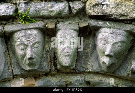 Geschnitzte Steinköpfe von Menschen und Tieren auf dem romanischen Türbogen der antiken Klosterkirche in Dysert O'DEA, County Clare, Irland Stockfoto