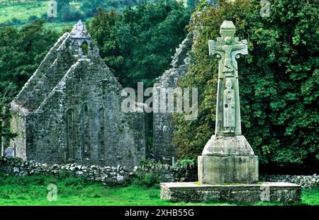 12. C. Saint Tola keltischen christlichen hohe Kreuz steht vor mittelalterliche Klosterkirche in Dysert O'Dea, County Clare, Irland. Stockfoto