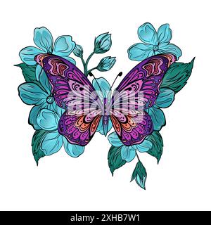 Grüner Schmetterling und goldene Magnolienblüten freihändig. Layout zum Drucken von Illustrationen auf T-Shirts, Notizblöcken, Umschlägen Stockfoto