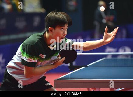 Hongkong, China. Juli 2024. Kwon Hyuk aus Südkorea spielt während des U19-Singles-Spiels gegen Sean Chen aus den Vereinigten Staaten beim WTT Youth Contender Hong Kong 2024 in Hongkong, China, am 13. Juli 2024. Quelle: Lo Ping Fai/Xinhua/Alamy Live News Stockfoto