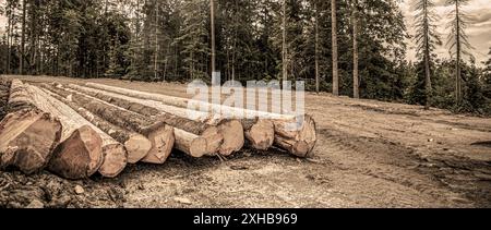 Holzhaufen von frisch geernteten Kiefernstämmen auf einer Forststraße. Bäume, die im Vordergrund geschnitten und gestapelt werden, Wald im Hintergrund. Holzstämme mit Wald auf Stockfoto