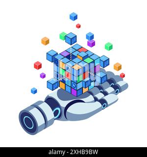 Isometrische Big Data Cubes auf Roboterhand. Big-Data-Analytics-Konzept. Stock Vektor