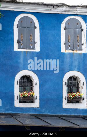 Blau lackierte Fassade eines alten Hauses teilweise mit Blumen am Fenster und im oberen Stockwerk mit geschlossenen Fensterläden. Stockfoto