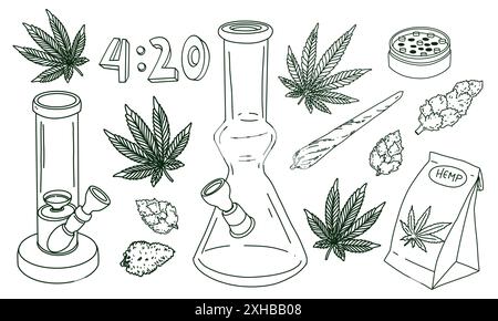 Cannabis-Elemente setzen Bong, Marihuanablatt, gemeinsame getrocknete Knospen. Vektor-Illustration in Kritzelumrandung Hand gezeichneter Stil Stockfoto