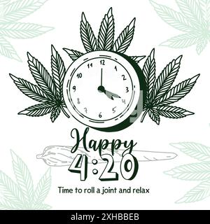 Cannabis 420-Banner mit Uhr und Uhrzeit, umgeben von Marihuana-Blättern. Happy 420 Vektor Illustration im Doodle-Umrissstil Stock Vektor