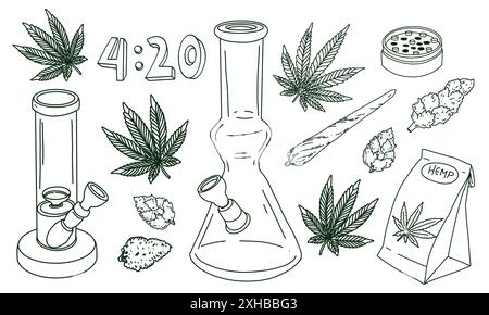 Cannabis-Elemente setzen Bong, Marihuanablatt, gemeinsame getrocknete Knospen. Vektor-Illustration in Kritzelumrandung Hand gezeichneter Stil Stock Vektor