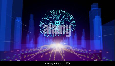 Digitales Gehirn und futuristisches Stadtbild als Konzept der künstlichen Intelligenz Stockfoto