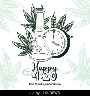 Cannabis-Banner mit Uhr und Uhrzeit 4:20 und Bong umgeben von Marihuana-Blättern. Glückliche 420-Vektor-Illustration in Doodle-Umriss Hand gezeichnet Stil Stock Vektor