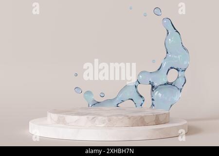 Elegantes Marmorpodium mit Wasserspritzern auf beigefarbenem, neutralem Hintergrund. Modell für Produkt, kosmetische Präsentation. Sockel oder Plattform. Leere Szene Stockfoto