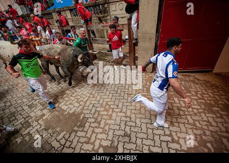 Pamplona, Spanien. Juli 2024. Mehrere junge Männer laufen während der Bullenrennen während der San Fermín 2024-Festlichkeiten vor Stieren. Quelle: SOPA Images Limited/Alamy Live News Stockfoto