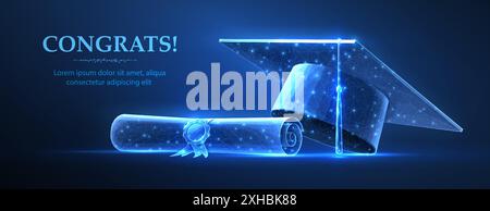 Graduierungskappe mit Grad auf Blau. Student, Abschlussfeier Stock Vektor